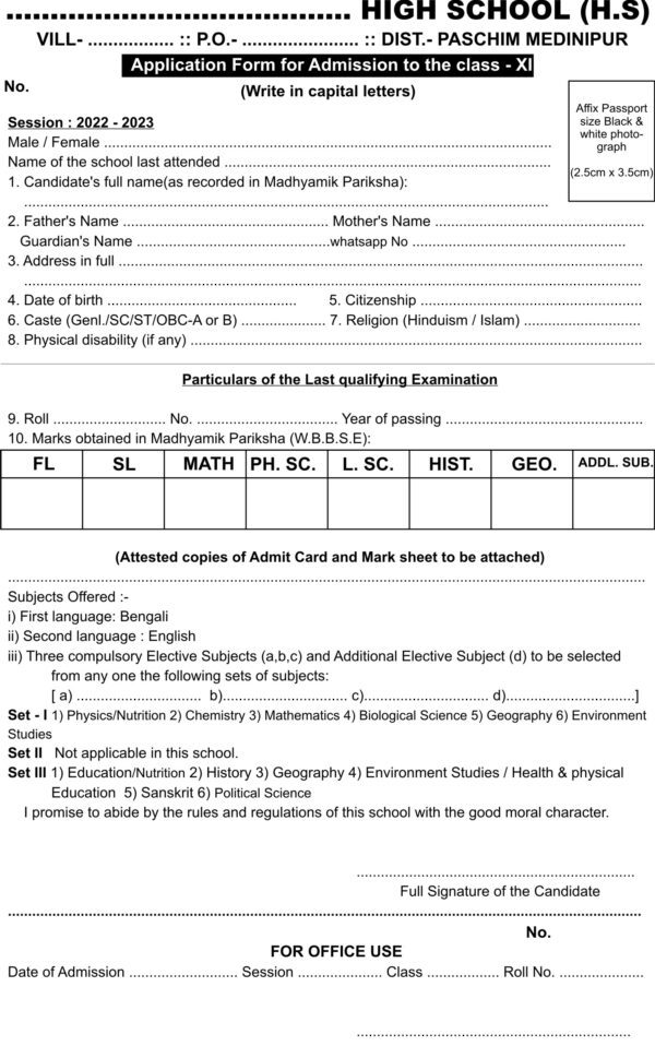 Application Form for Admission to the class - XI